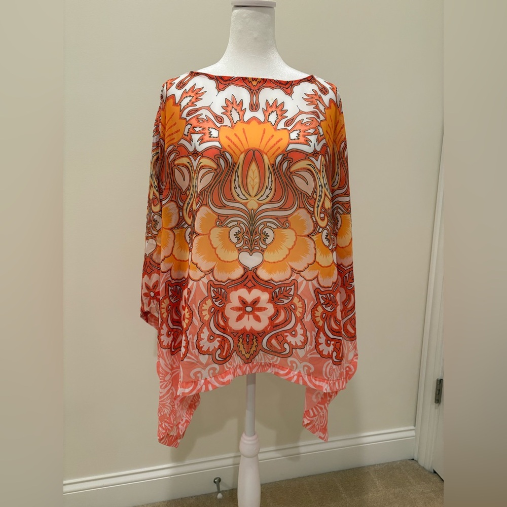 Chico's Orange and Red Vibrant Sheer Poncho